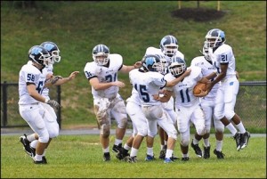 The team celebrates Klines game winning touchdown, which put the Vikes up 12-7 with less than two minutes remaining in the game. (Photo courtesy of Debbie Stevens)