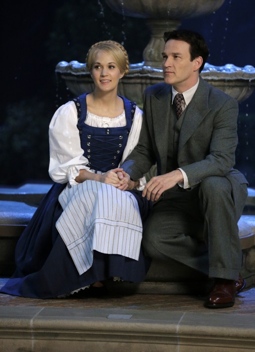Carrie Underwood, left, as Maria, and Stephen Moyer as Captain Von Trapp during preparations for "The Sound of Music Live!, in Bethpage, N.Y. The live production aired on Dec. 5 at 8 p.m. EST. (AP Photo/NBC, Paul Drinkwater)