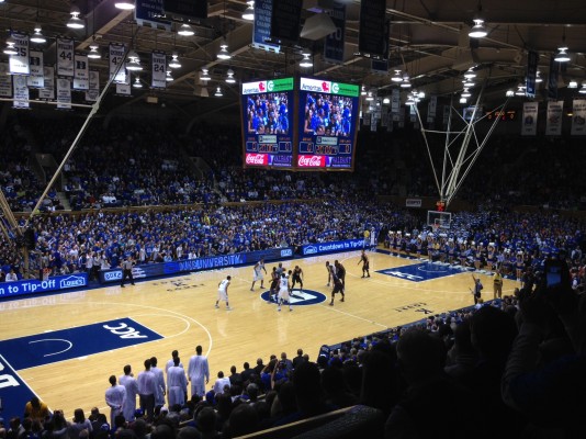 Maryland battled Duke on Friday in their last ACC match-up ever at Cameron Indoor Stadium, to a crowd of rousing Duke fans, and among them a few Maryland supporters. The game was close, but ended in favor of Duke, 2222. Photo by Nick Sobel. 
