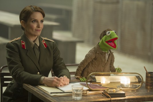 Tina Fey, left, and Kermit the Frog in a scene from "Muppets Most Wanted." (AP Photo/Disney, Jay Maidment)