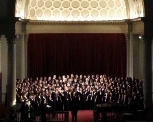 Women's chorus performed at the University of Maryland College Park Memorial Chapel last night, along with the women's choirs from Marriotts Ridge High School and UMD. Photo courtesy Vera Ashworth. 