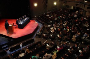 Audience members gather in the roundhouse theater for BCC's Journalism Night,  "Dying to To Tell Us". Admission was free for students but cost $10 for adults.