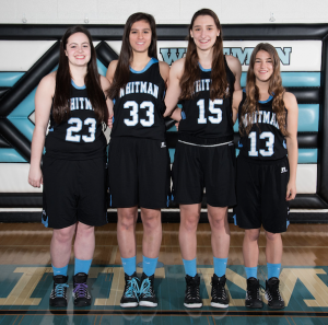 The four senior girls pose for a group photo. From left to right: forwards Annabelle Leahy, Alison Poffley and Samantha Magliato, and guard Nicole Fleck. Photo courtesy Tom Knox. 