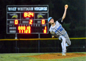 Sam Berson  dominated on the mound for the Vikings on Friday. He allowed one run in six innings as the Vikes trampled Walter Johnson 8–1. Photo courtesy John Shiffman.