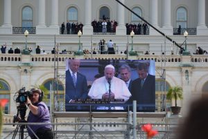The Pope's words are broadcast on a jumbotron as he addresses the thousands of people who came to see him this week in D.C. Photo by Grace O'Leary.