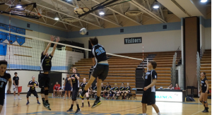 Outside hitter Riley Shaver spikes the ball over the net. Photo by Carolyn Price.