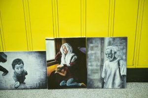 Kamyab's art focuses on the hardship and sorrow people in the Middle East may face on a daily basis. Photo by Jefferson Luo.